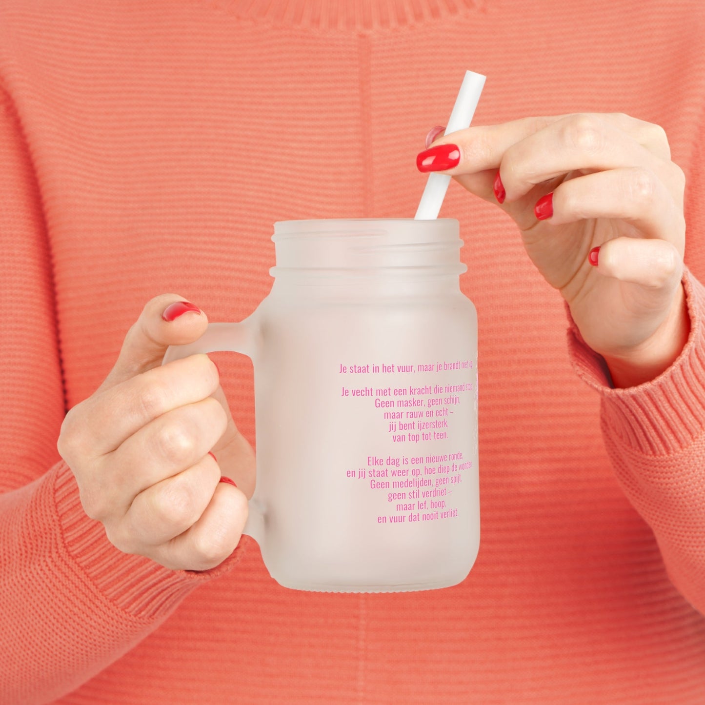 Mason Jar Drinkglas – Borstkanker Strijder – 350 ml – Mat Glas met Deksel & Rietje Printify