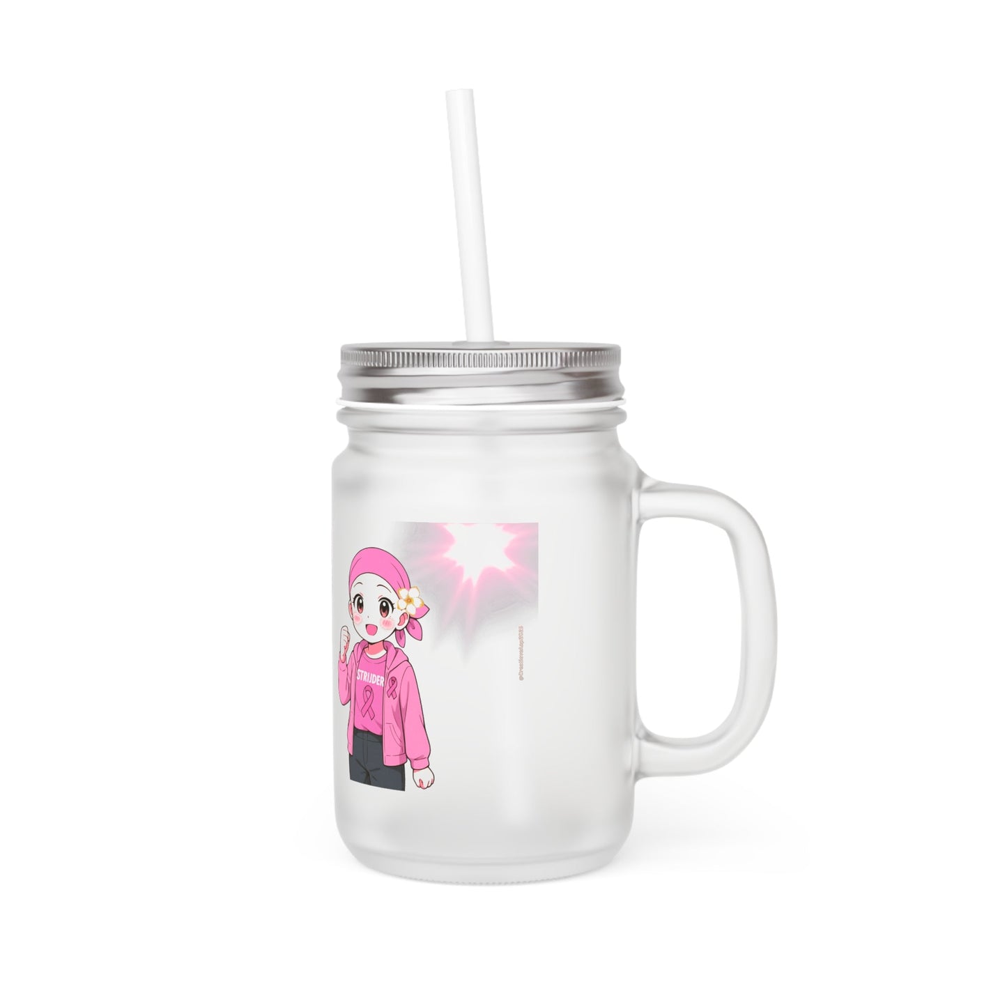 Mason Jar Drinkglas – Borstkanker Strijder – 350 ml – Mat Glas met Deksel & Rietje Printify