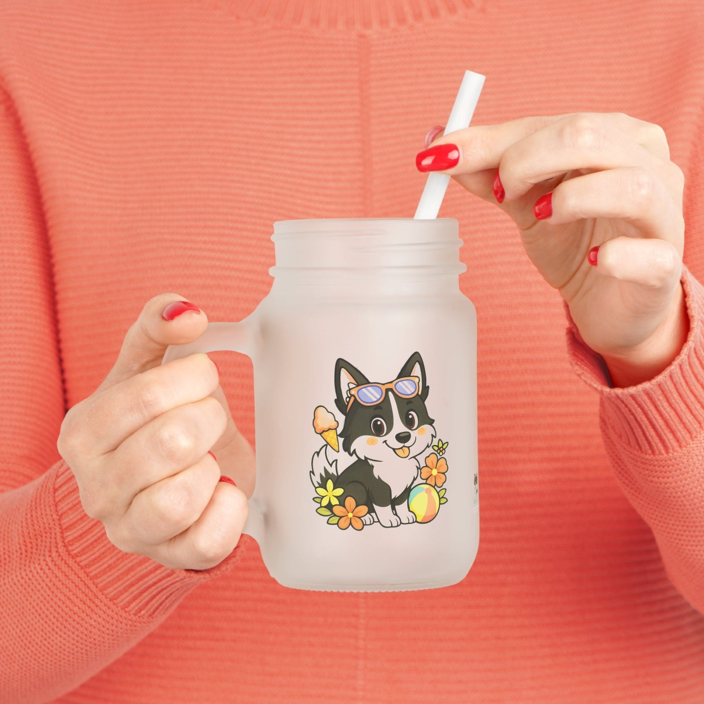 Mason Jar Glas β Collectie Nikita Zomerse Vibes β 350 ml (12oz) β Inclusief Deksel & Rietje Printify