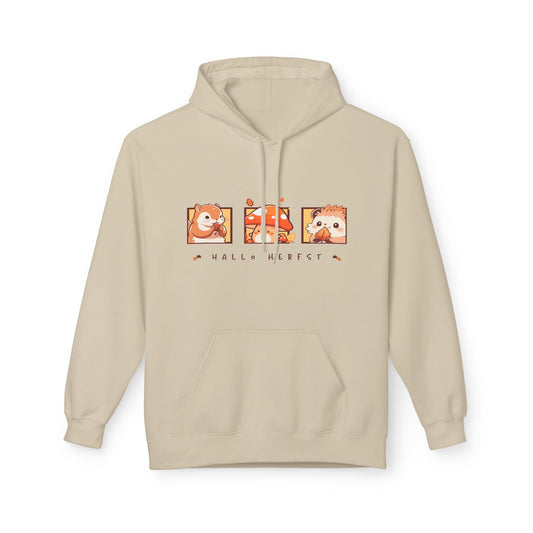 Hoodie met capuchon en trekkoord met buidelzak anime hallo herfst adult met bedrukking voorkant. Kleur Sand