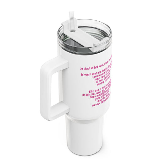 Tumbler met Handvat – Borstkanker Strijder – Inspirerende Tekst & Anime Karakter – 887 ml – Dubbelwandig RVS Printify