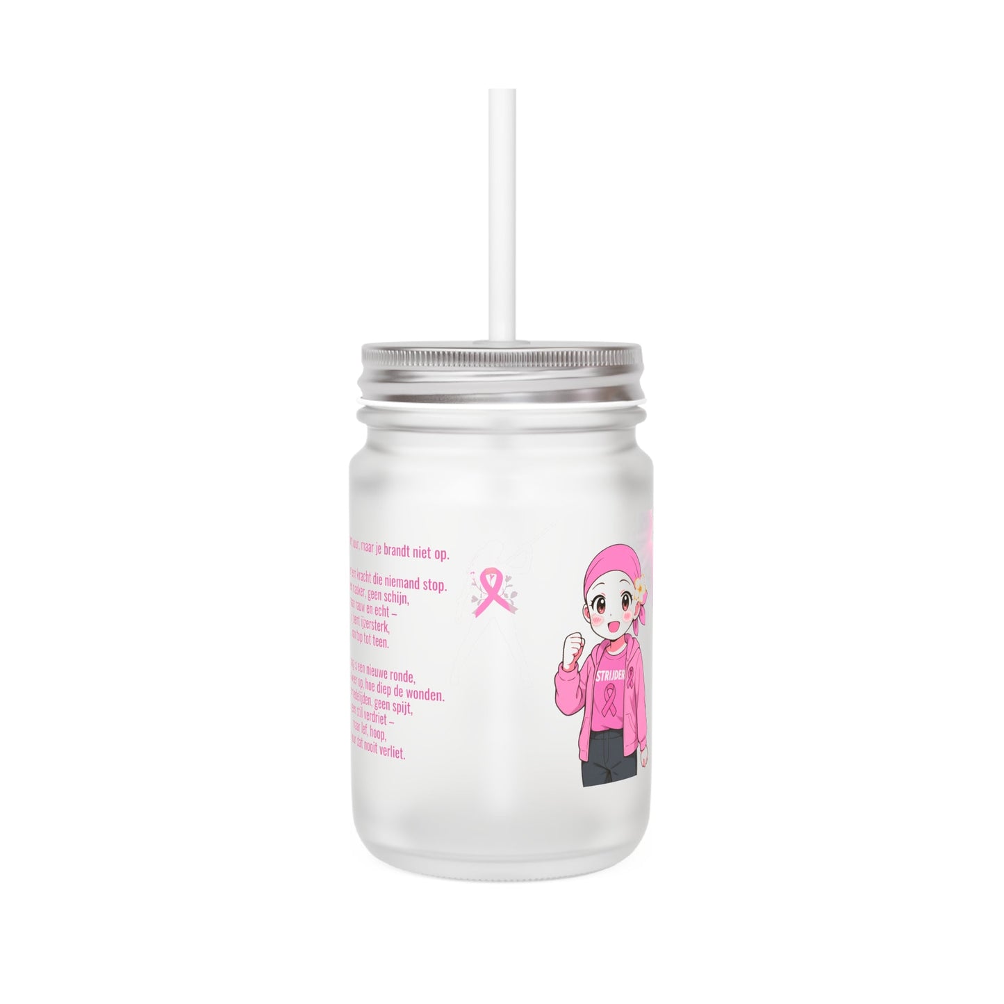 Mason Jar Drinkglas – Borstkanker Strijder – 350 ml – Mat Glas met Deksel & Rietje Printify