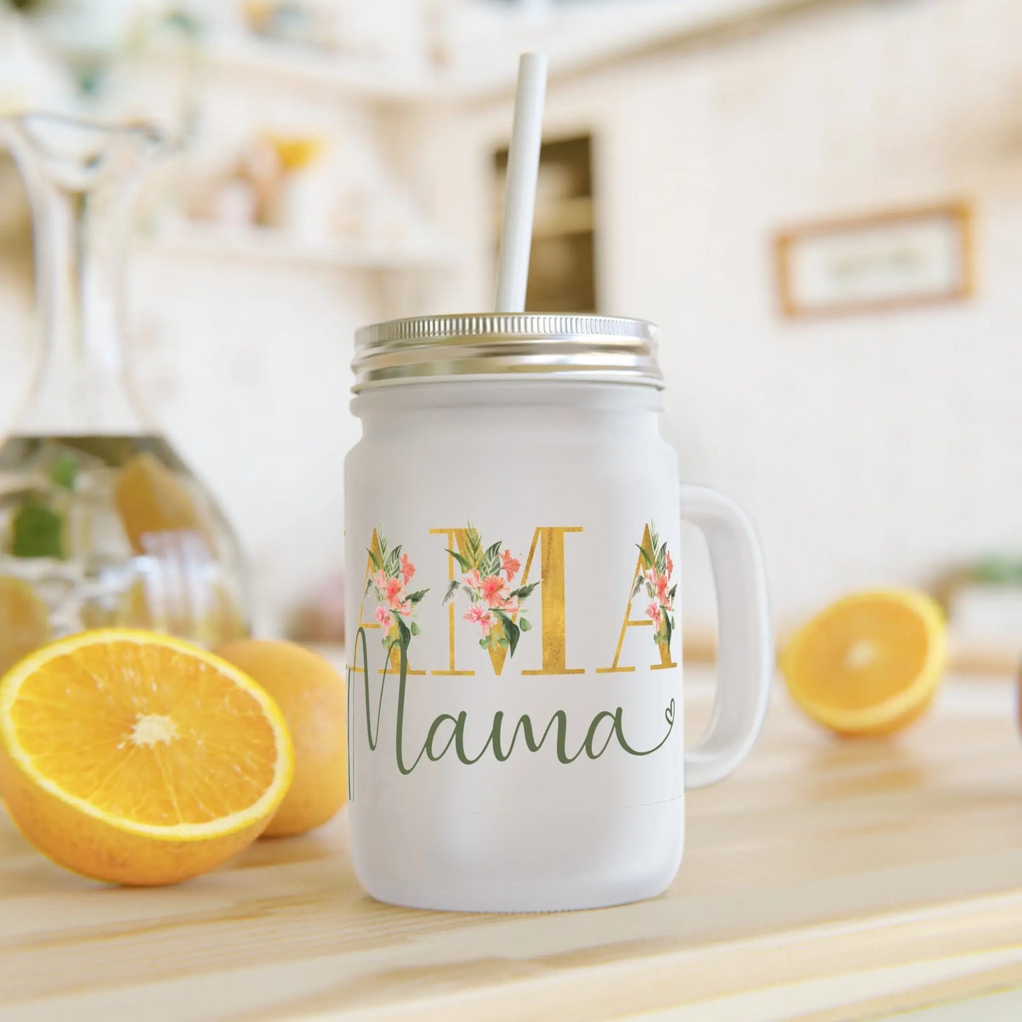 Mason Jar Mama | 350ml Frosted Glas met Deksel & Rietje Printify