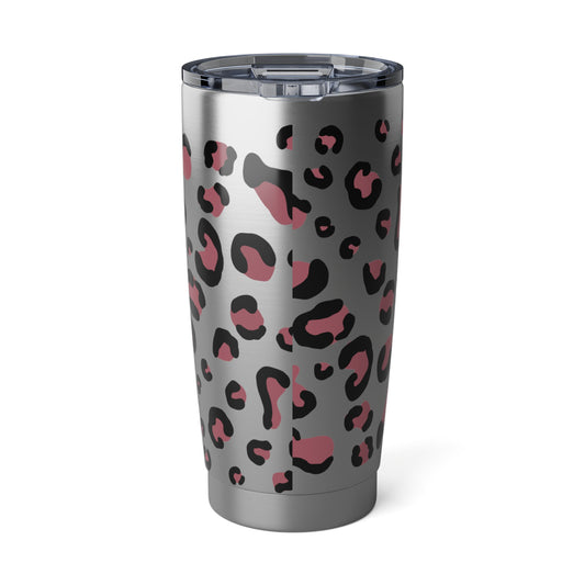 RVS tumbler 600ml met Herfst Dierenprint, luipaardmotief in roze en zwart op zilverkleurige achtergrond.