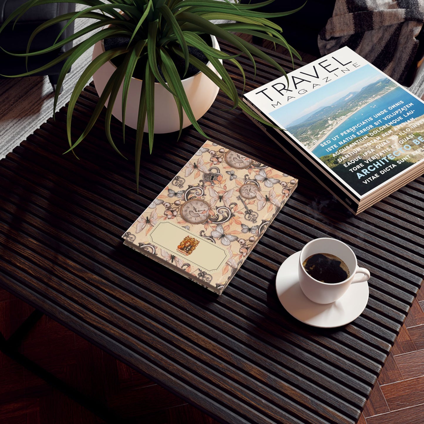 Notitieboek Vintage Tijd & Vlinders – voorkant met klokken en vlinders op beige achtergrond (13,2 x 18,8 cm)
Notitieboek Vintage Tijd & Vlinders – achterkant met klokken en vlinders, beige achtergrond (13,2 x 18,8 cm)