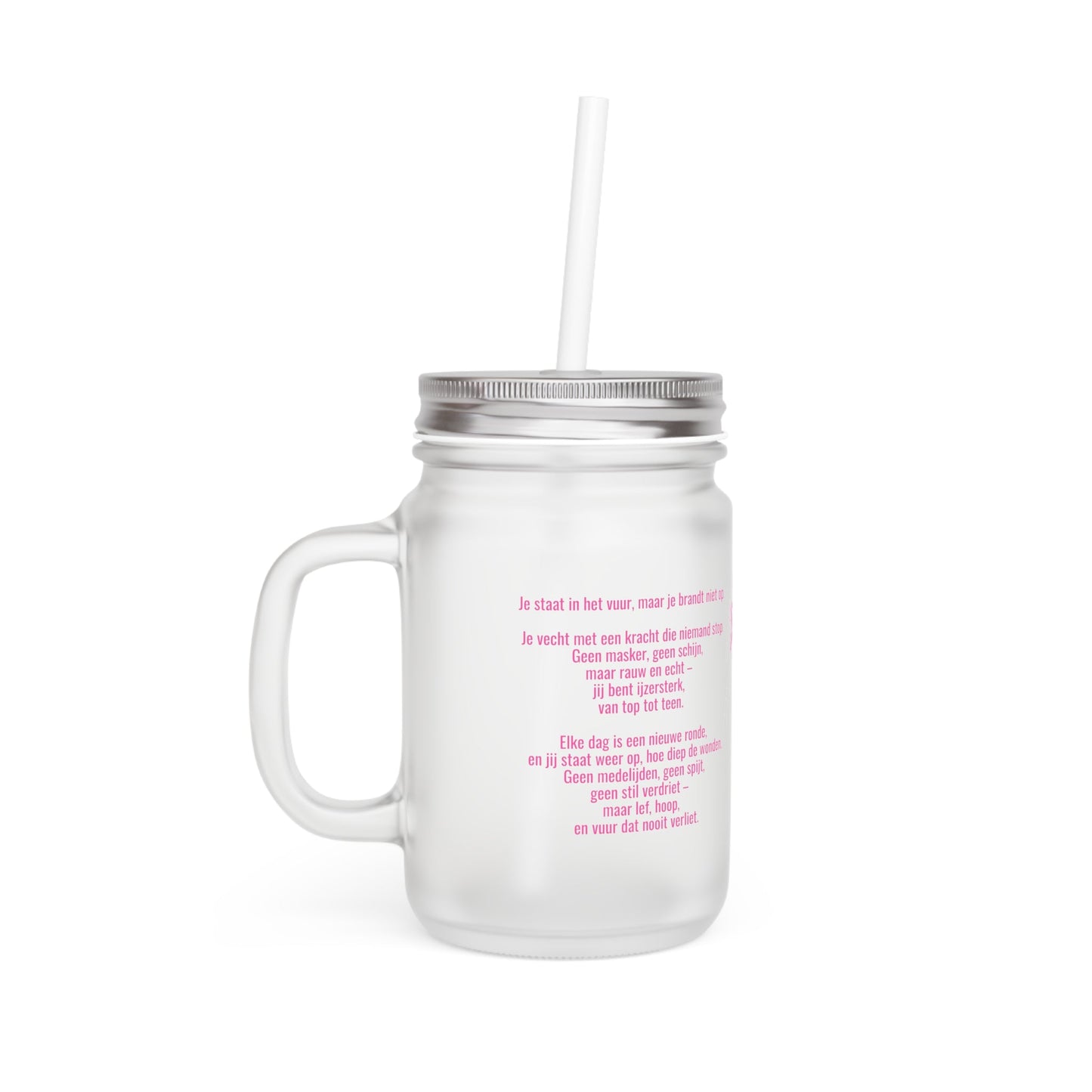 Mason Jar Drinkglas – Borstkanker Strijder – 350 ml – Mat Glas met Deksel & Rietje Printify