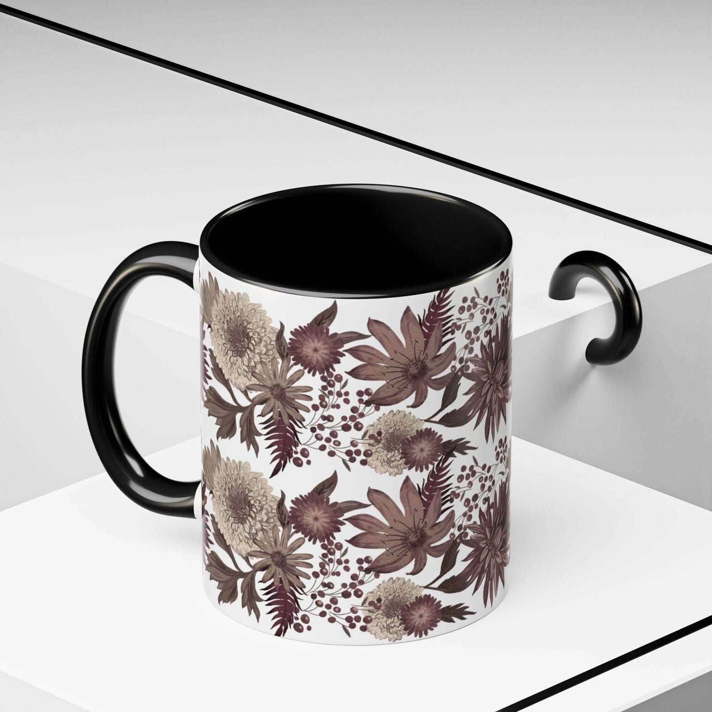 Bloemen Elegance Keramische Mok – 330 ml – Zwart Binnenkant - Creatieve Aap