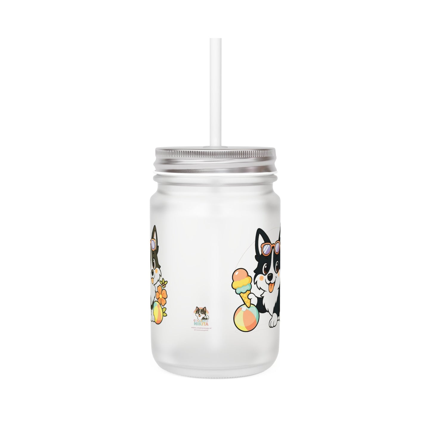 Mason Jar Glas β Collectie Nikita Zomerse Vibes β 350 ml (12oz) β Inclusief Deksel & Rietje Printify