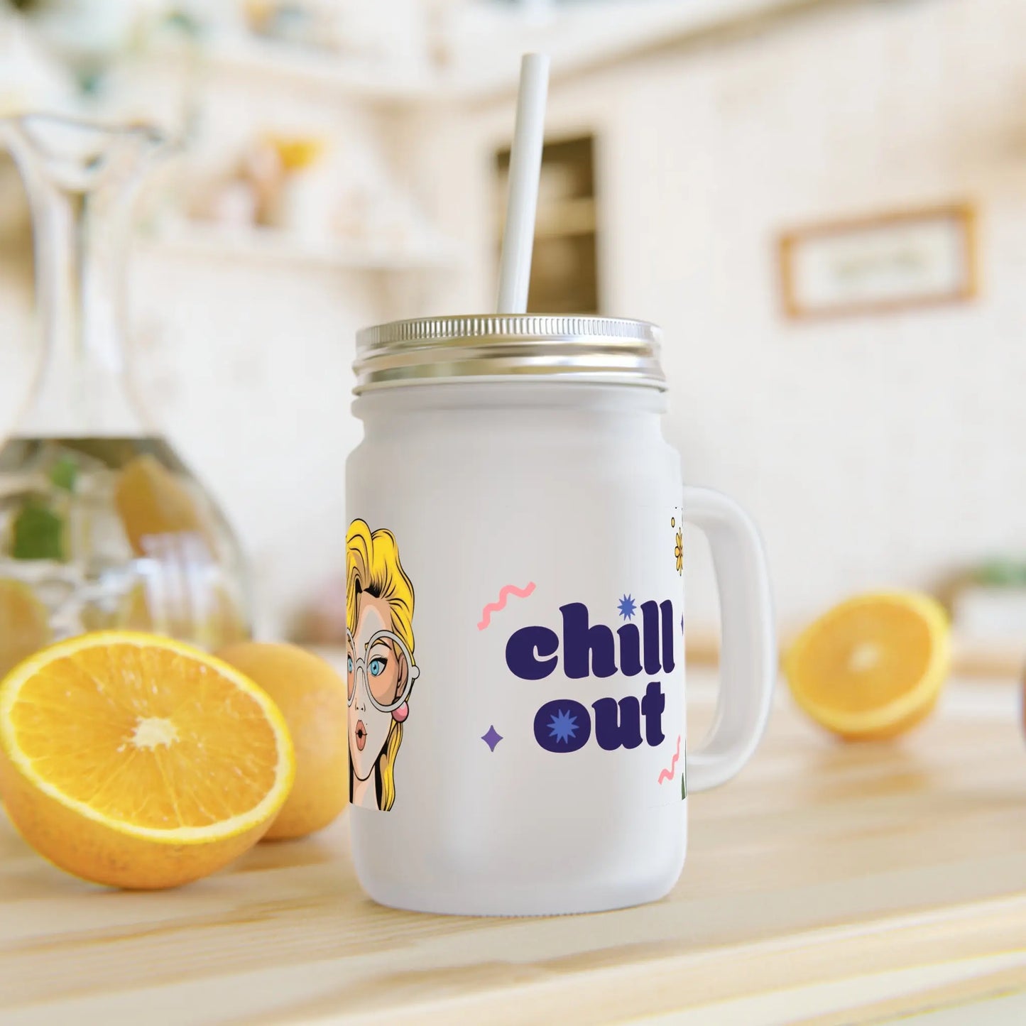 Frosted Mason Jar 350ml Chill Out glas met rietje en deksel Printify