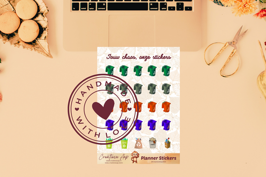 Planner stickers “Afval & Recyclen” in herfstkleuren 🗑️♻️🍂 – icoontjes voor glas, papier, plastic en restafval. Handgemaakt design van Creatieve Aap, verkrijgbaar in A6 en A5, matte of glans afwerking.