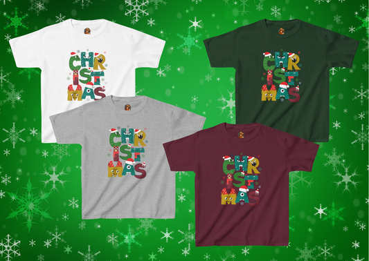 Kinder T-Shirt – Christmas Monster – Kerst 2025 – XS t/m XL – Forest Green / Maroon / White / Sport Grey