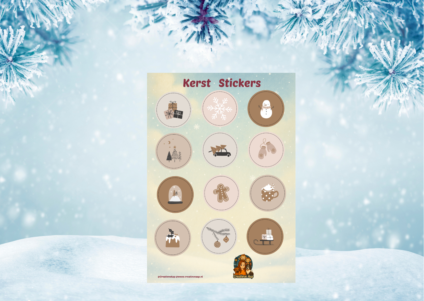 🎄 Kerst Cadeau Stickers – Ronde Stickersheet – Creatieve Aap 2025