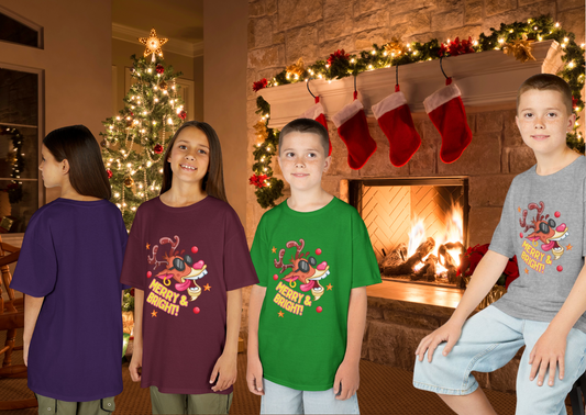 🎄 Kinder Kerst T-Shirt – Merry & Bright Reindeer (Kids XS–XL)