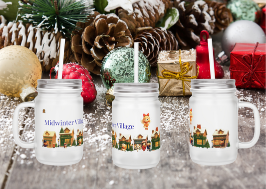 ποΈ Midwinter Village β Frosted Mason Jar met Rietje (12oz)