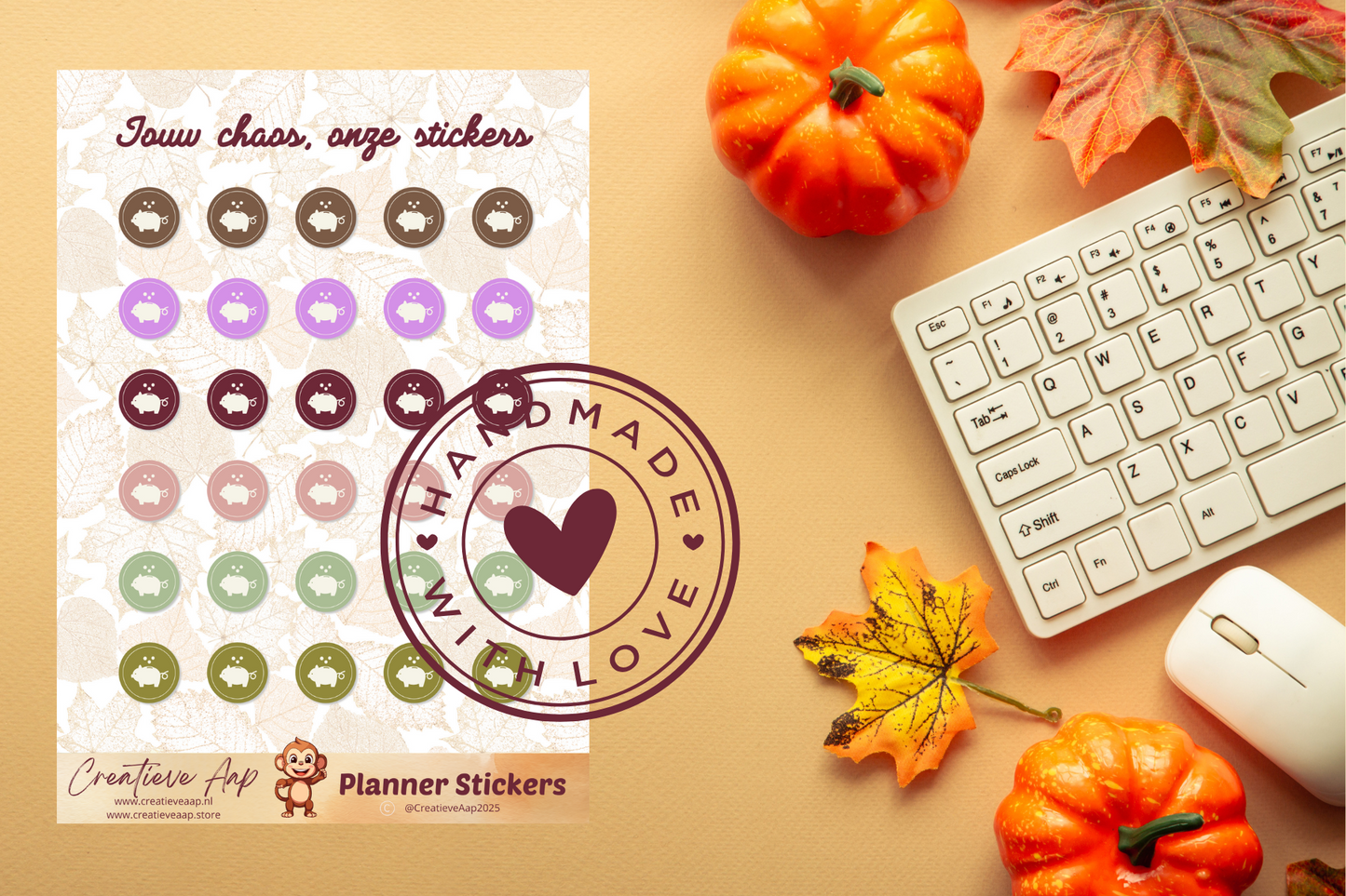 Planner stickers βSparenβ in herfstkleuren ππ°β¨ β handgemaakt design van Creatieve Aap, verkrijgbaar in A6 en A5 formaat, matte of glans afwerking.