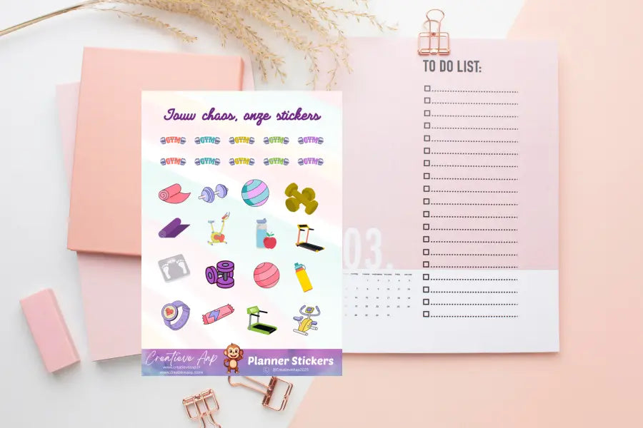 Planner stickers met sport en fitness illustraties zoals halters, loopband en GYM tekst β matte vinyl stickersheet A6 & A5 β Creatieve Aap