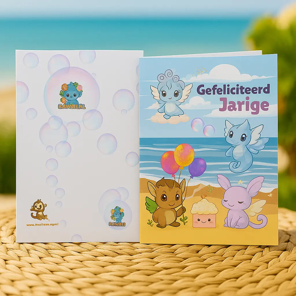 Handgemaakte A6 verjaardagskaart met KawaMaji figuren op het strand – kleurrijke illustratie met de tekst ‘Gefeliciteerd Jarige’