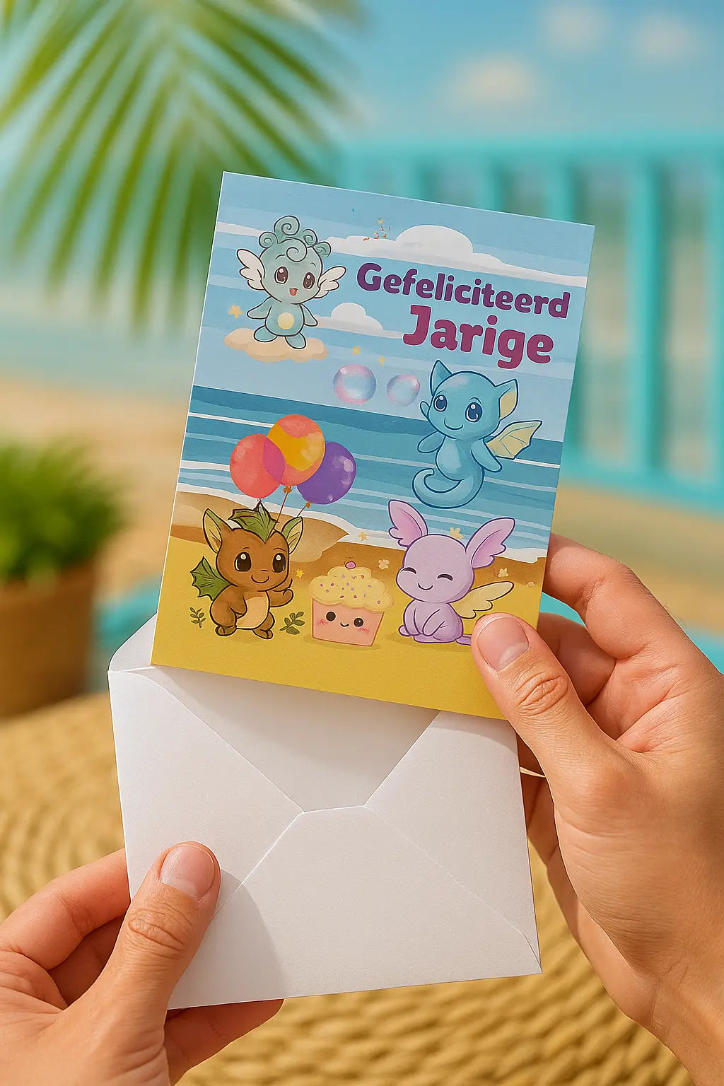 Handgemaakte A6 verjaardagskaart met KawaMaji figuren op het strand – kleurrijke illustratie met de tekst ‘Gefeliciteerd Jarige’