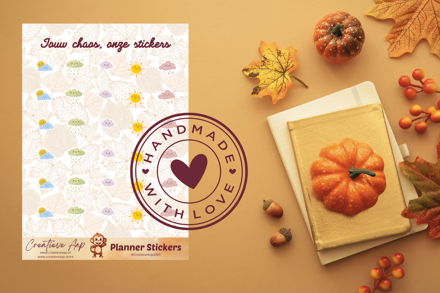 Planner stickers βWeer Iconsβ in herfstkleuren π¦πβ¨ β met zon, wolken en regen icoontjes. Handgemaakt design van Creatieve Aap, verkrijgbaar in A6 en A5 formaat, matte of glans afwerking.
