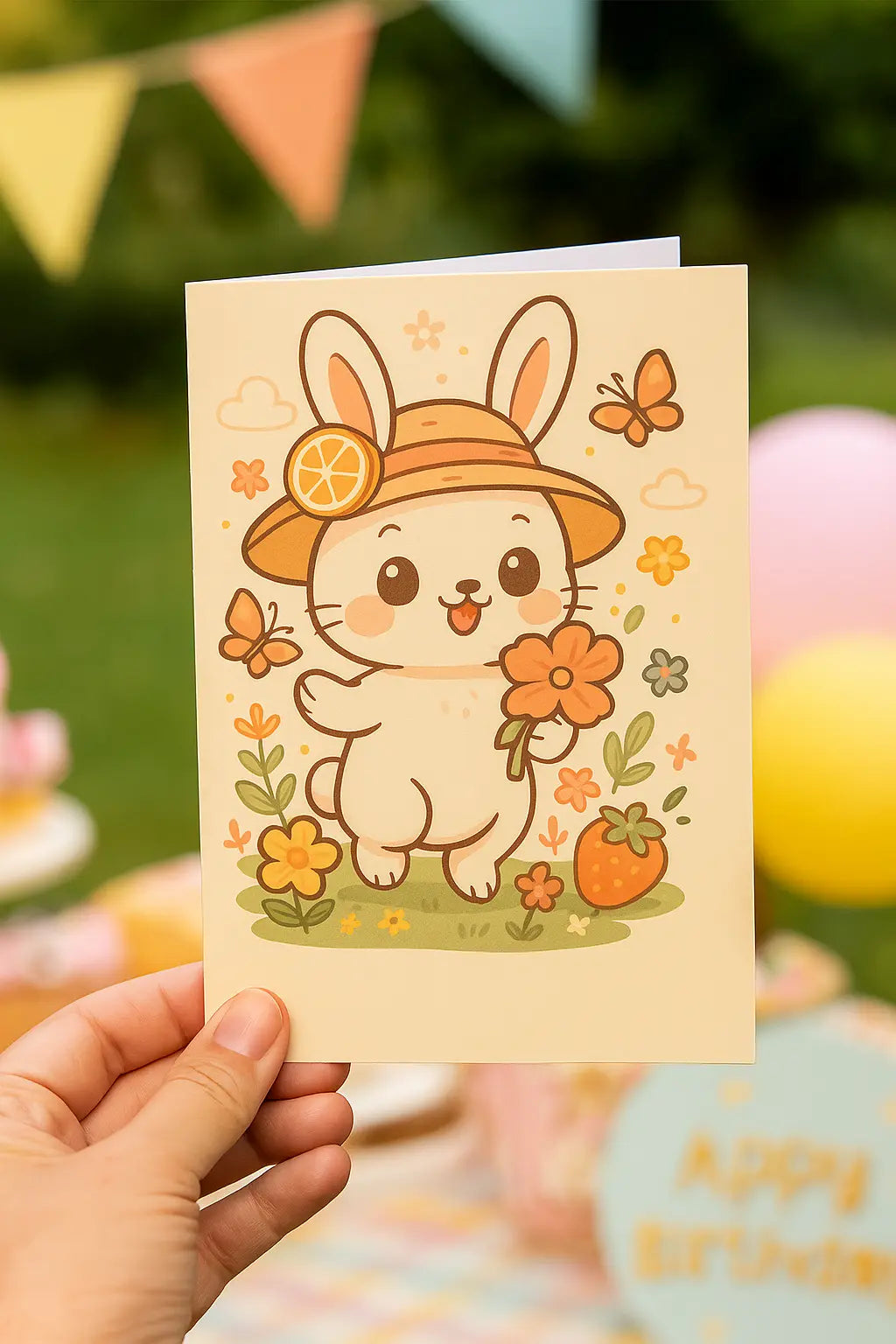 Handgemaakte wenskaart met konijntje Maggie vriend in bloemenveld – kawaii zomerkaart A6 formaat