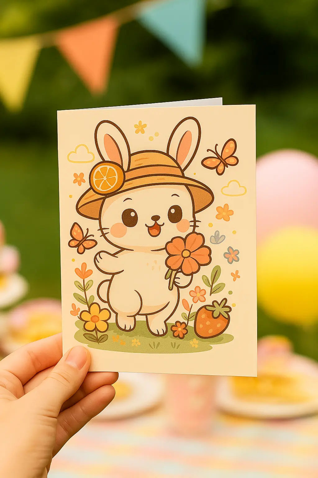 Handgemaakte wenskaart met konijntje Maggie vriend in bloemenveld – kawaii zomerkaart A6 formaat