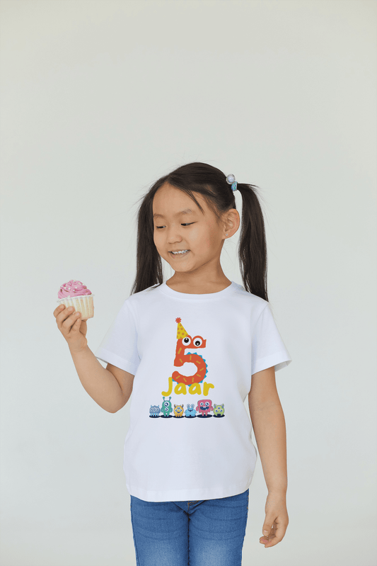 Kleurrijk Monster Kinder T-shirt voor Jarige Job - Leeftijd 5 jaar - Handbedrukt - Uniseks