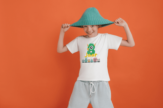 Kleurrijk Monster Kinder T-shirt voor Jarige Job - Leeftijd 8 jaar - Handbedrukt - Uniseks