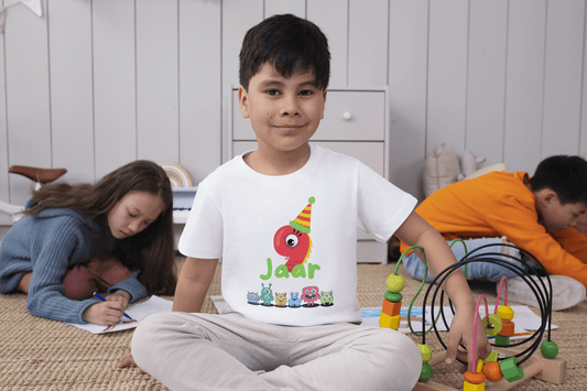 Kleurrijk Monster Kinder T-shirt voor Jarige Job - Leeftijd 9 jaar - Handbedrukt - Uniseks