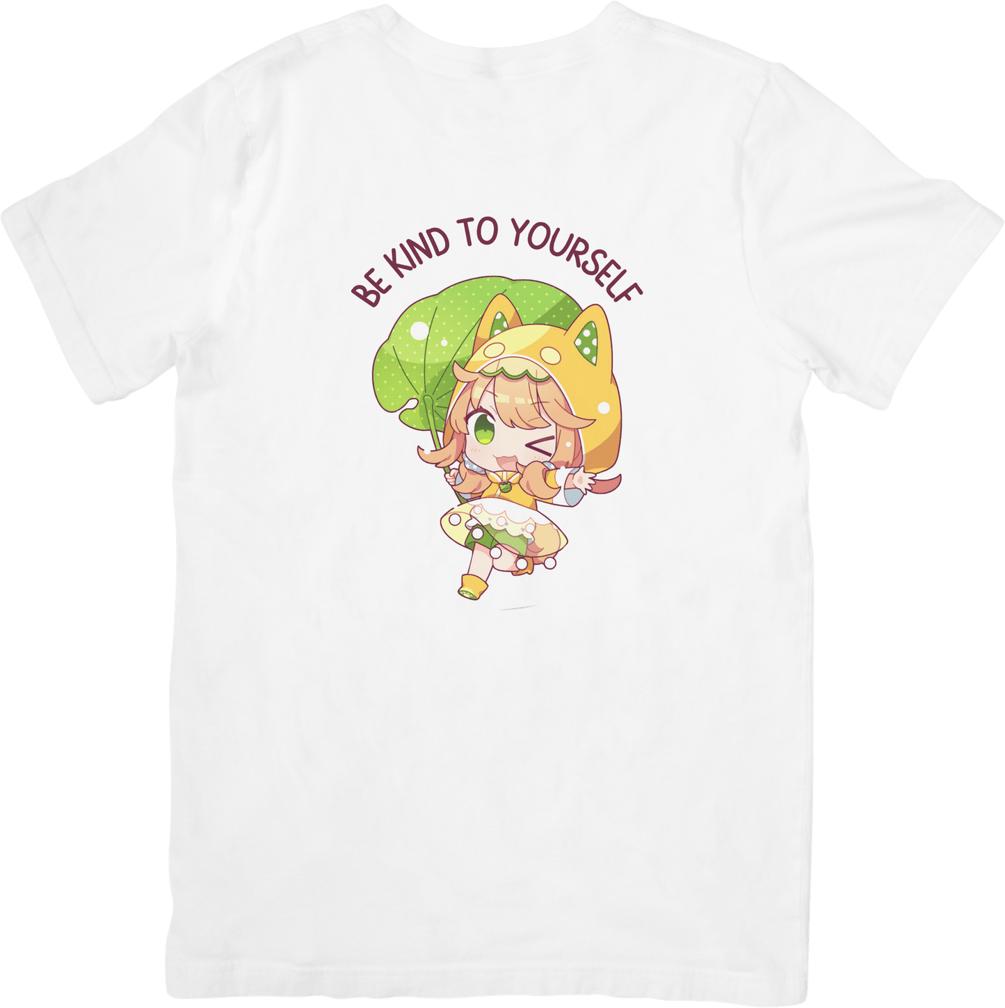 Wit Katoenen Volwassen Shirt met Handbedrukte Tekst 'Be Kind to Yourself' en Schattige meid Afbeelding van Vrolijk Meisje met Bladparaplu