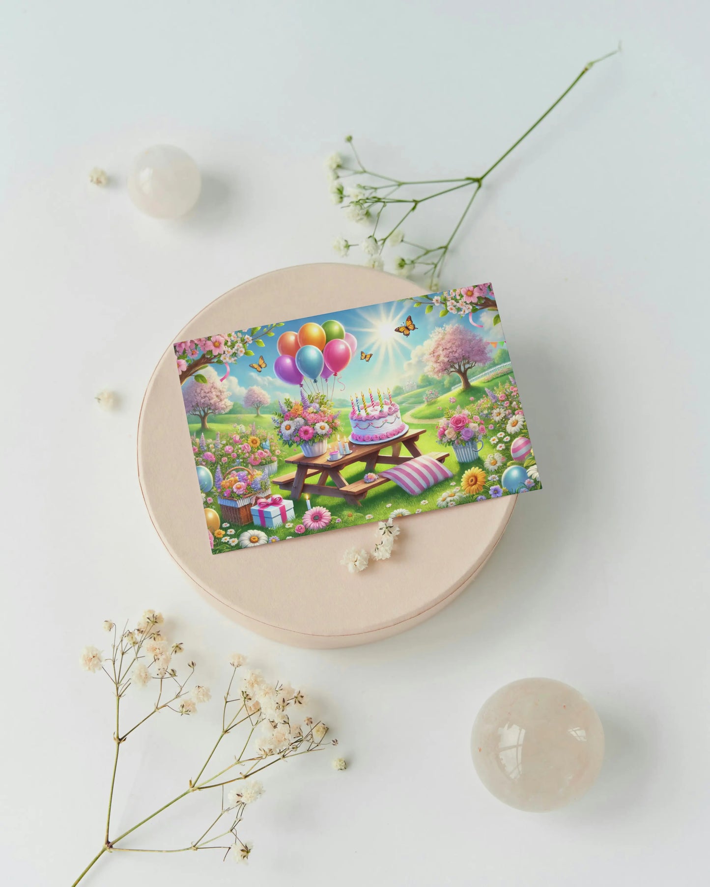 A6 verjaardagskaart met picknicktafel, bloemen, ballonnen, verjaardagstaart en vlinders in een zonnig bloemenveld