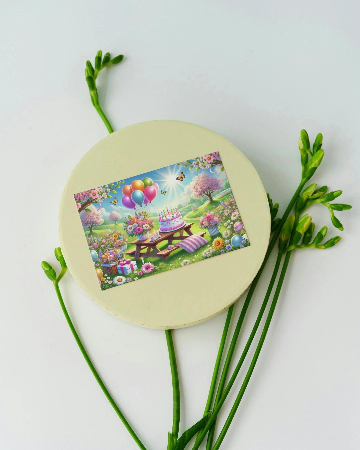 A6 verjaardagskaart met picknicktafel, bloemen, ballonnen, verjaardagstaart en vlinders in een zonnig bloemenveld