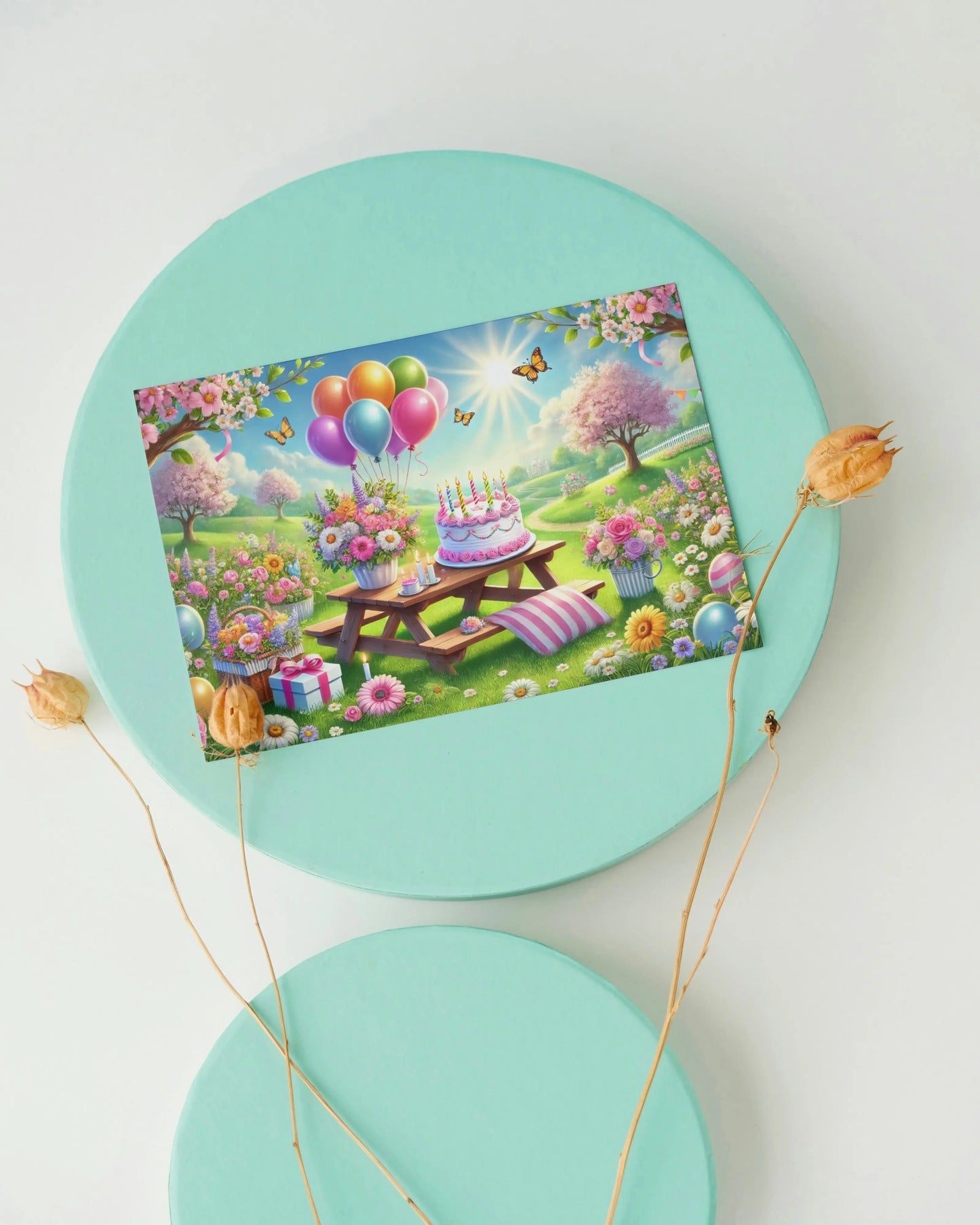 A6 verjaardagskaart met picknicktafel, bloemen, ballonnen, verjaardagstaart en vlinders in een zonnig bloemenveld