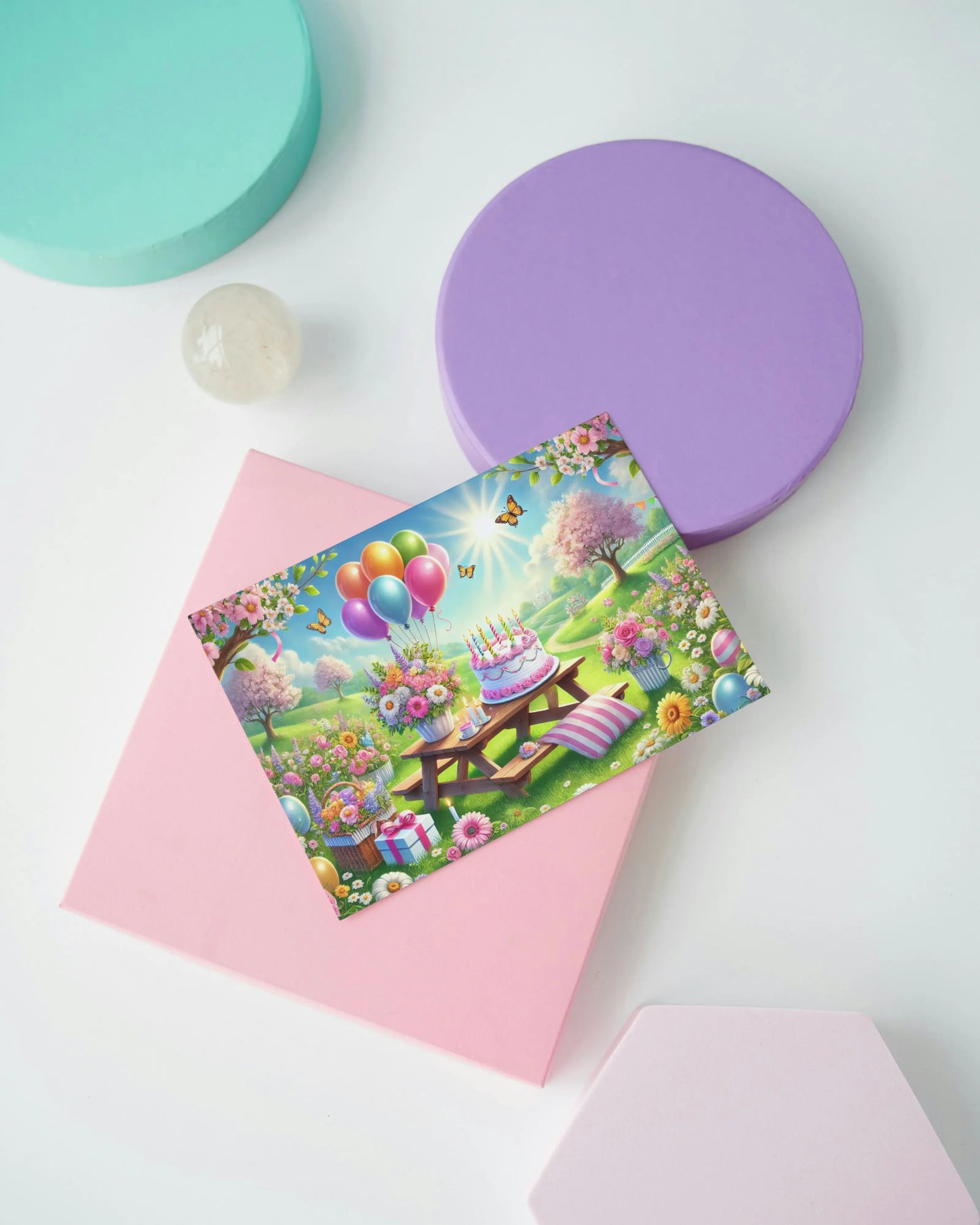 A6 verjaardagskaart met picknicktafel, bloemen, ballonnen, verjaardagstaart en vlinders in een zonnig bloemenveld