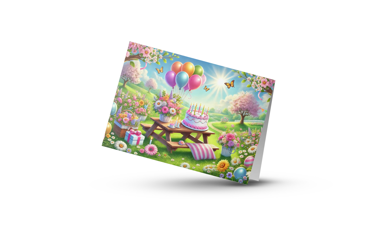 A6 verjaardagskaart met picknicktafel, bloemen, ballonnen, verjaardagstaart en vlinders in een zonnig bloemenveld