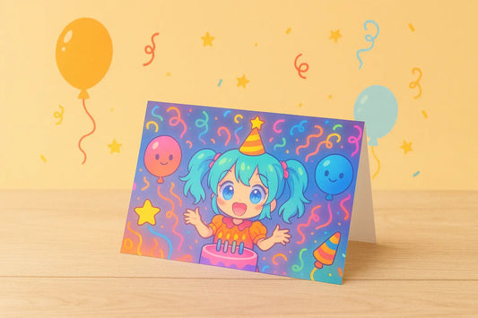 Wenskaart met anime meisje in neon feeststijl, kleurrijke kawaii verjaardagskaart A6-formaat β perfect voor verjaardagen