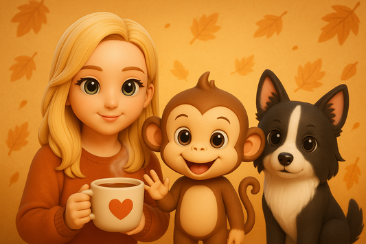 Herfst 2025 van Creatieve Aap met Sabina, het vrolijke aapje en hond Nikita in kawaii anime stijl. Warme herfst vibes met bladeren, cozy sfeer en een kopje koffie.