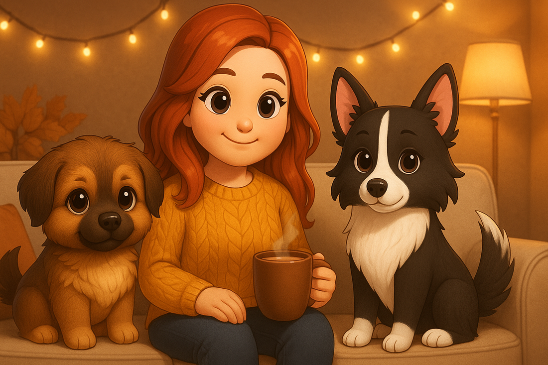 Illustratie van Sabina met honden Nikita en puppy Novi in een gezellige woonkamer met herfst- en wintervibes. Ze zitten samen op de bank met warme verlichting en een kopje chocolademelk – een sfeervol kijkje achter de schermen bij Creatieve Aap.
