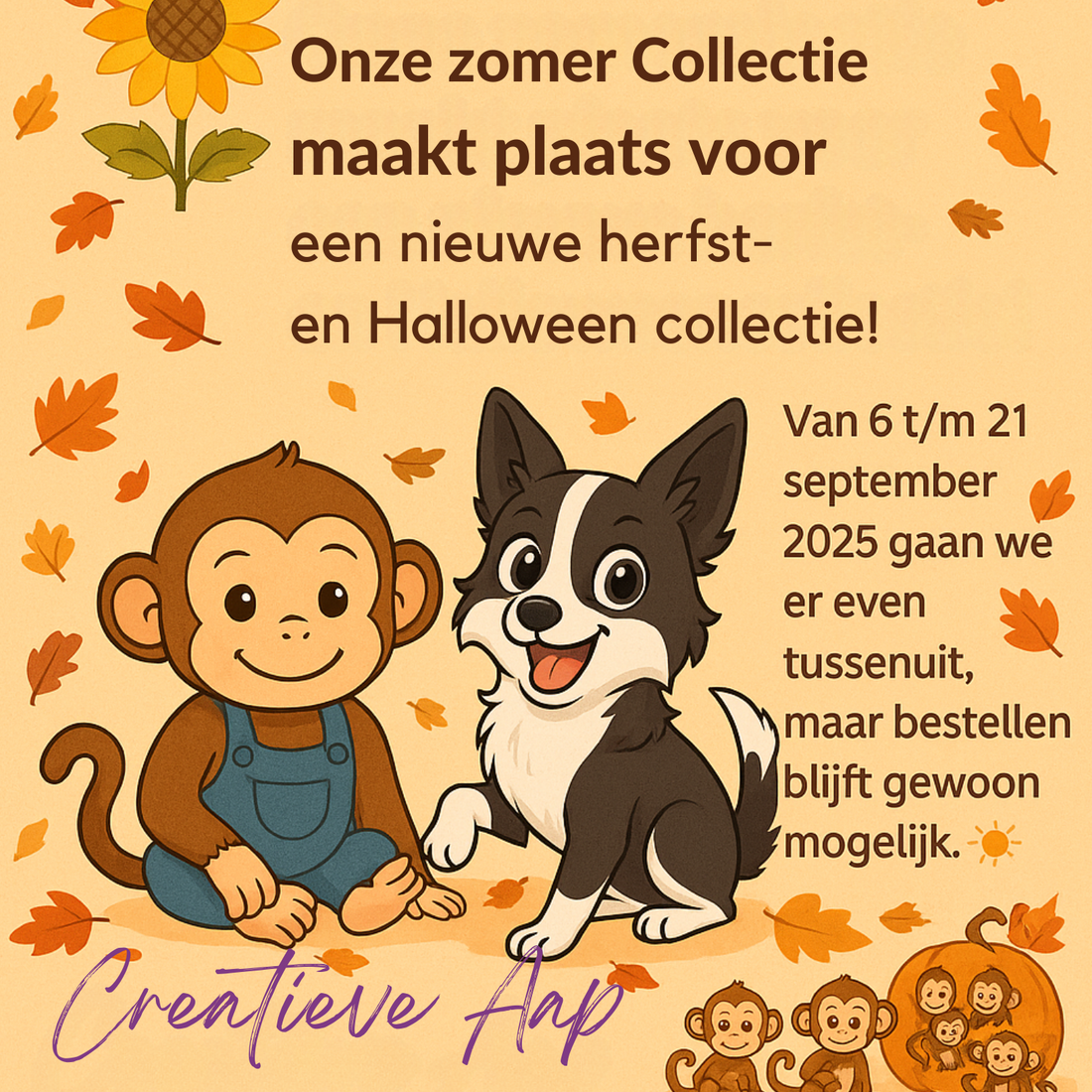 Blogafbeelding Creatieve Aap met aapje, hond Nikita en herfstbladeren, aankondiging nieuwe herfst- en Halloween collectie 2025 en campingvakantie van 6 t/m 21 september.