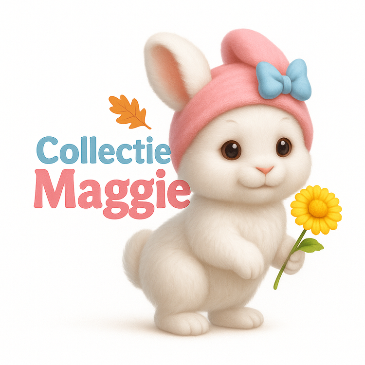 Herfst banner met blonde vrouw met mok, vrolijke aap, hond Nikita en wit konijn Maggie met roze kapje en blauwe strik, voor oranje herfstachtergrond met bladeren en tekst 'Collectie Maggie'.