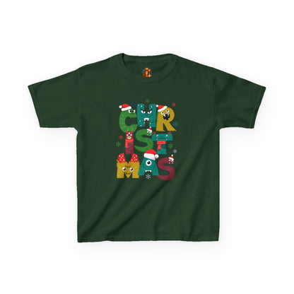 Kinder T-Shirt – Christmas Monster – Kerst 2025 – XS t/m XL – Forest Green / Maroon / White / Sport Grey