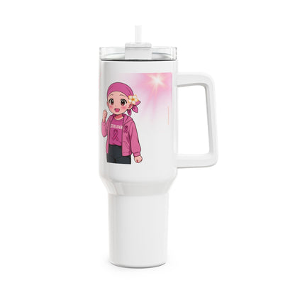 Tumbler met Handvat – Borstkanker Strijder – Inspirerende Tekst & Anime Karakter – 887 ml – Dubbelwandig RVS Printify