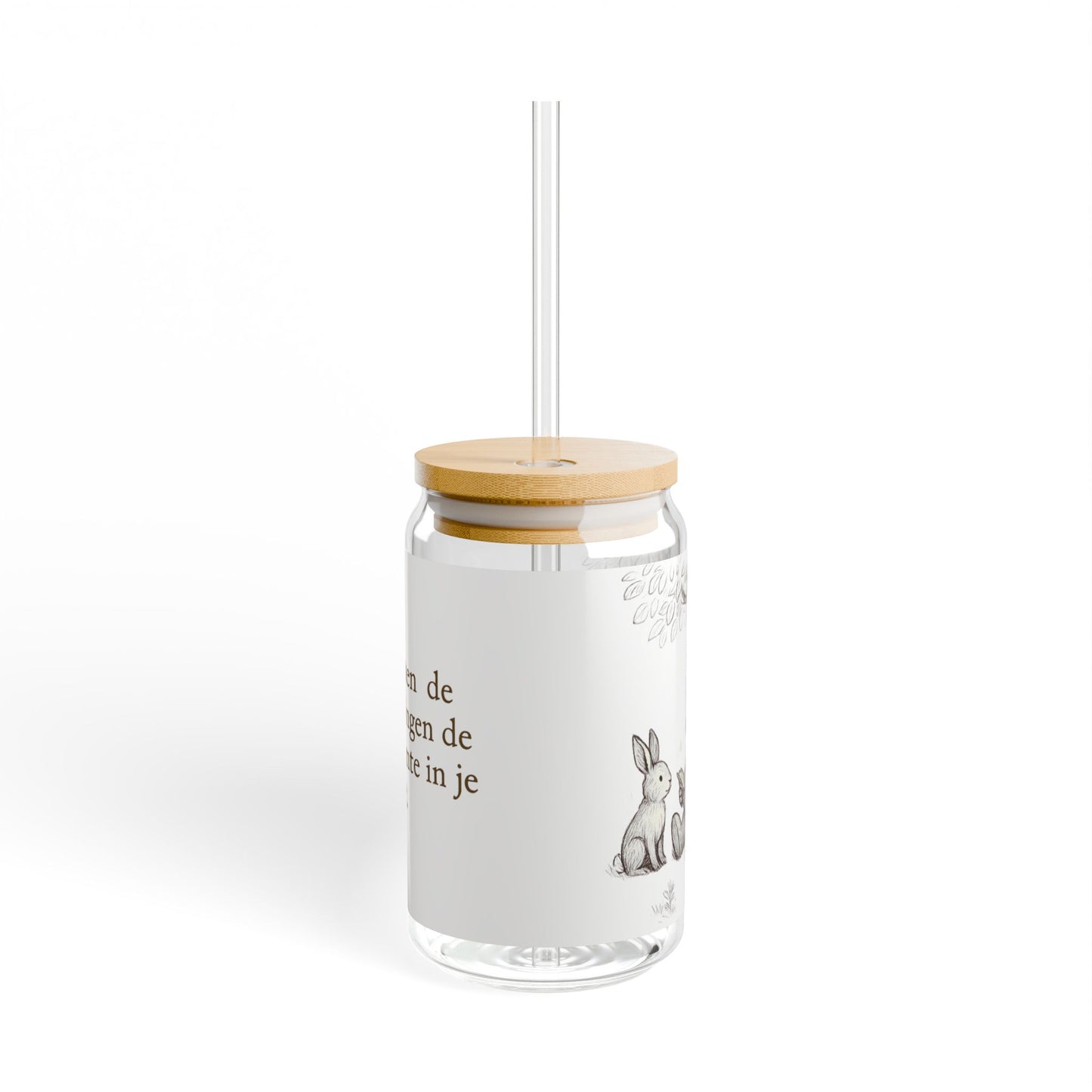 Drinkglas Berenwijsheid 473 ml – Met Quote en Illustratie – Glas met Bamboe Deksel en Rietje