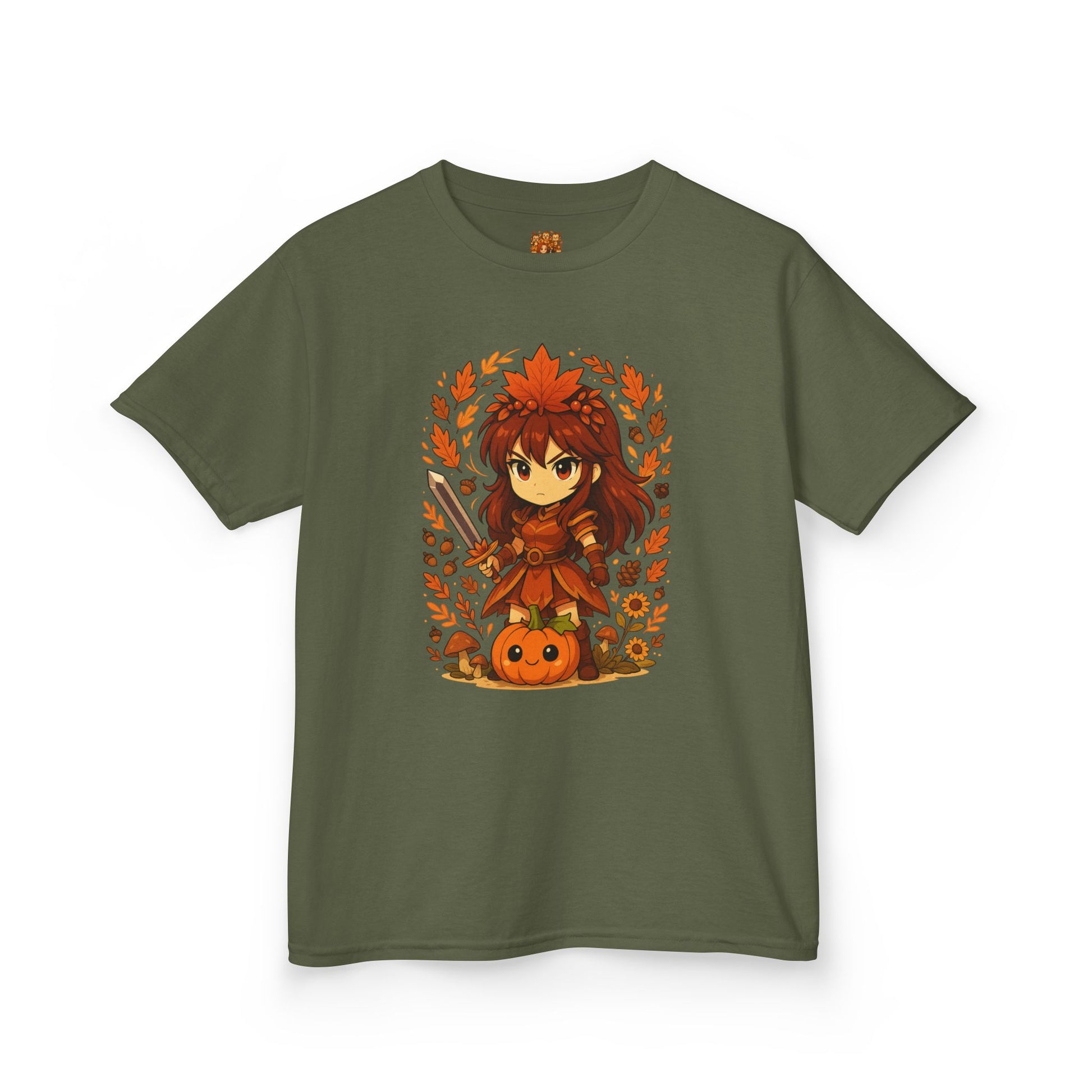 Kawaii anime girl warrior strijdster kinder shirt Military Green. Bedrukking voor