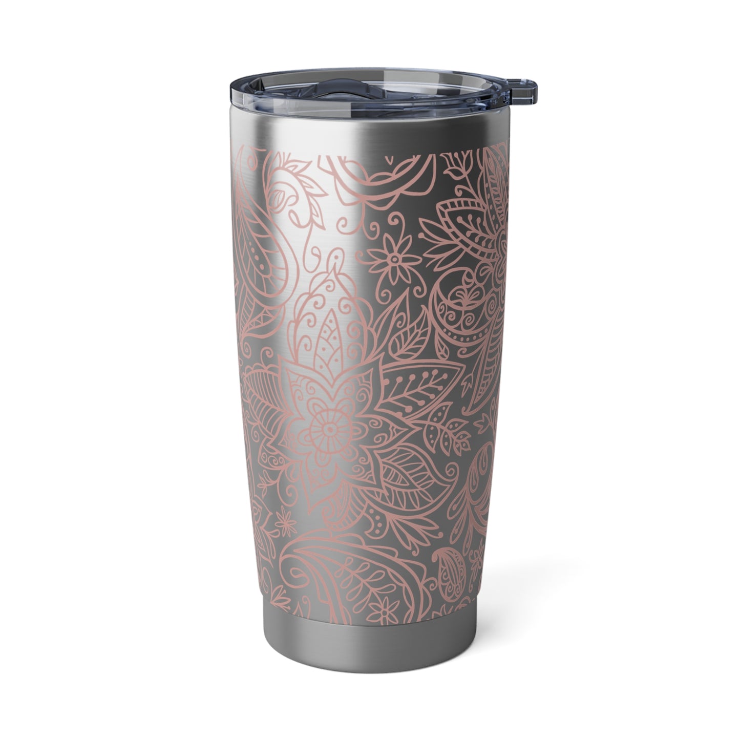 RVS tumbler van 600ml met zachtroze primrose bloemenprint op zilverkleurige achtergrond, dubbelwandig geïsoleerd met transparante schuifdeksel.
