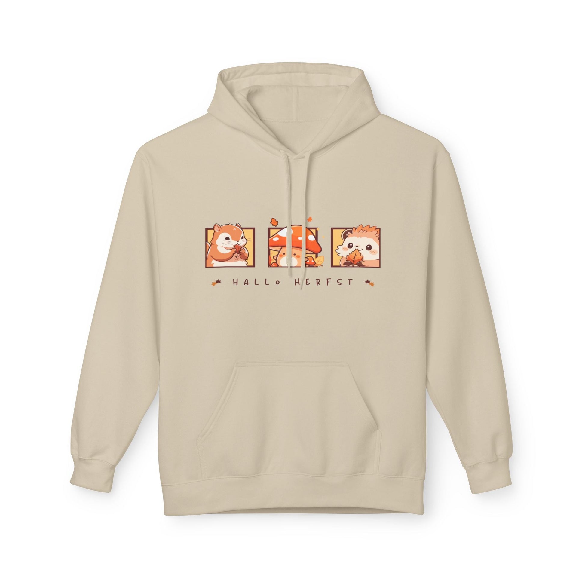 Hoodie met capuchon en trekkoord met buidelzak anime hallo herfst adult met bedrukking  voorkant. Kleur Sand
