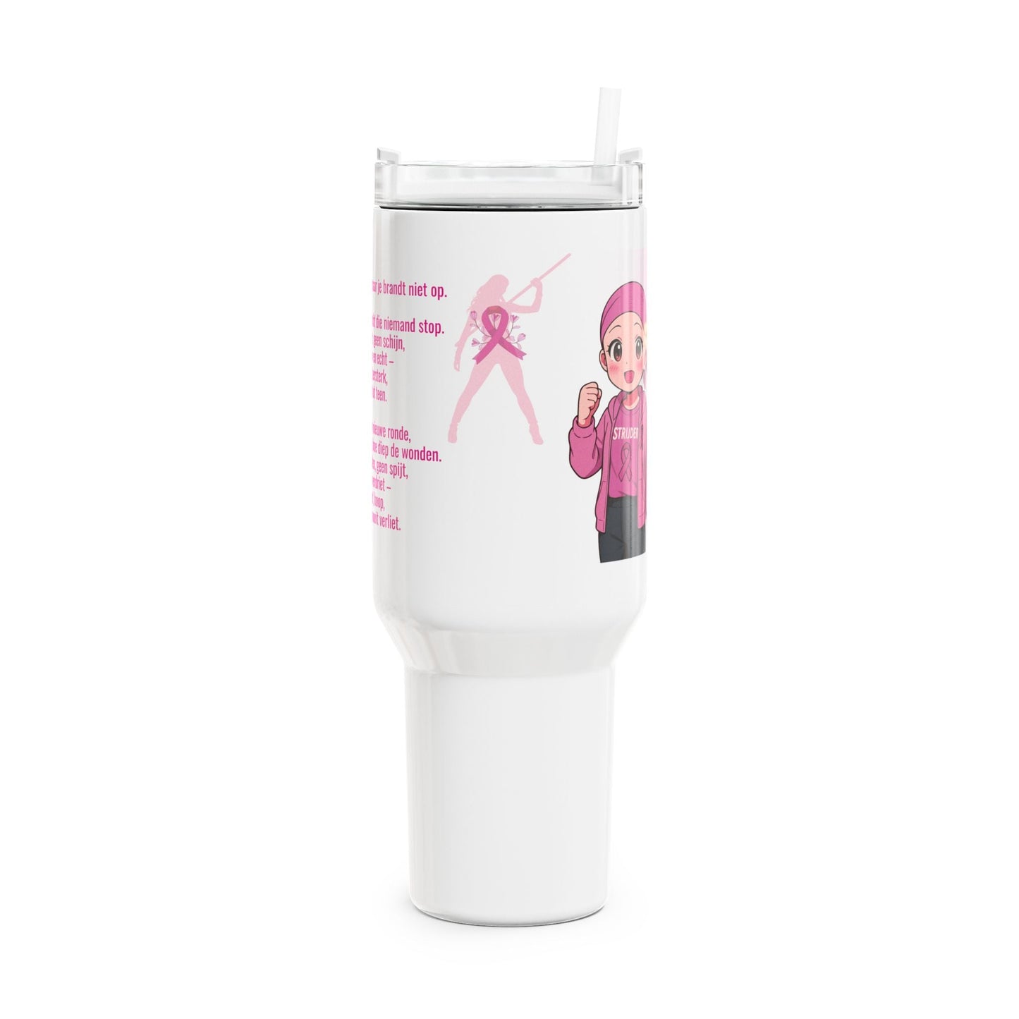 Tumbler met Handvat – Borstkanker Strijder – Inspirerende Tekst & Anime Karakter – 887 ml – Dubbelwandig RVS Printify