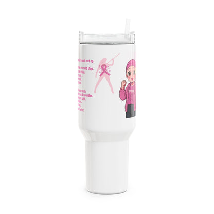 Tumbler met Handvat – Borstkanker Strijder – Inspirerende Tekst & Anime Karakter – 887 ml – Dubbelwandig RVS Printify