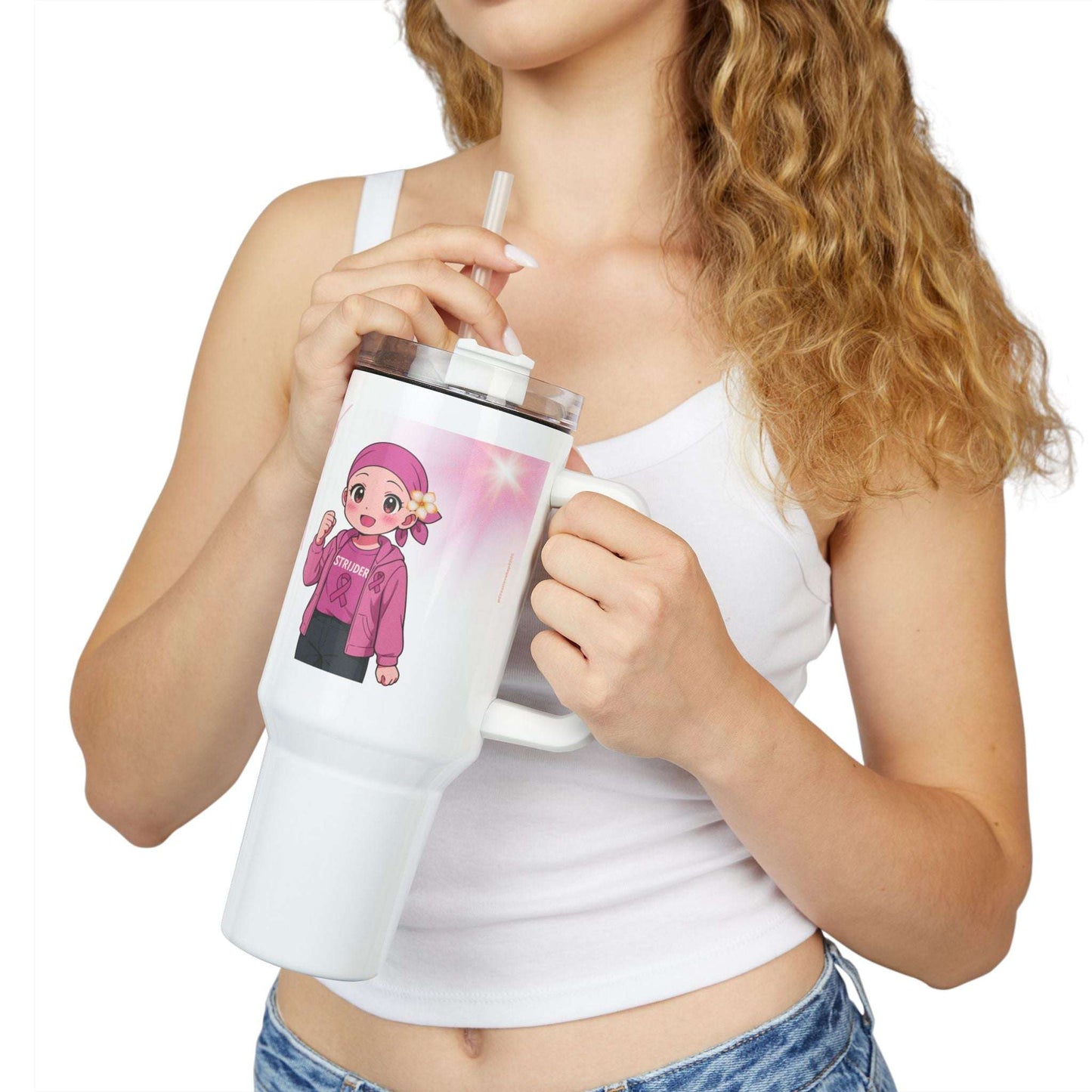 Tumbler met Handvat – Borstkanker Strijder – Inspirerende Tekst & Anime Karakter – 887 ml – Dubbelwandig RVS Printify