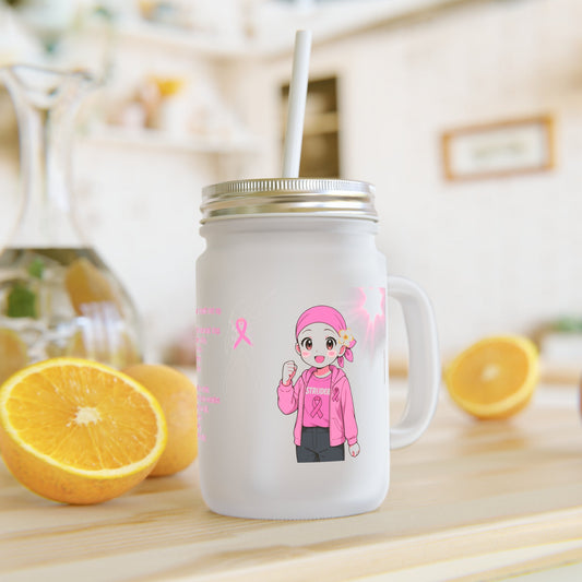 Mason Jar Drinkglas – Borstkanker Strijder – 350 ml – Mat Glas met Deksel & Rietje