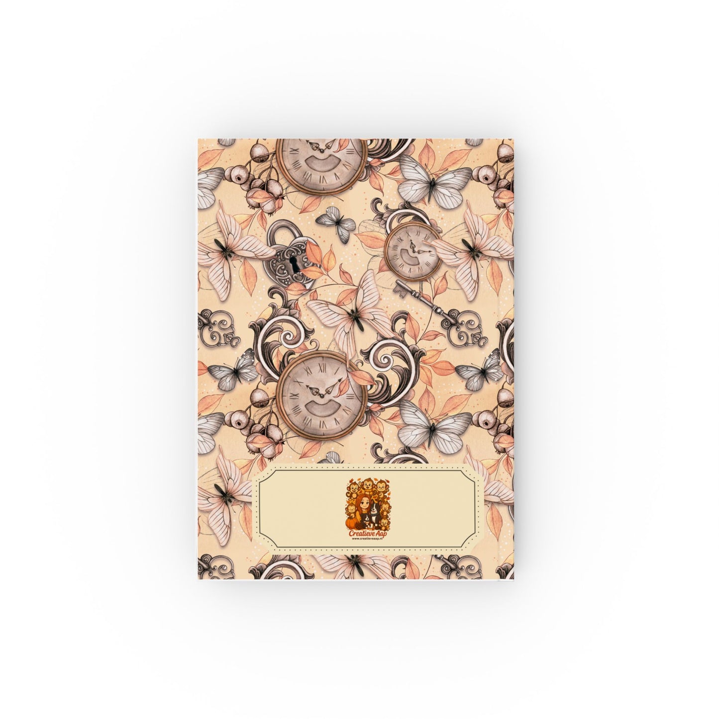 Notitieboek Vintage Tijd & Vlinders – voorkant met klokken en vlinders op beige achtergrond (13,2 x 18,8 cm)

Notitieboek Vintage Tijd & Vlinders – achterkant met klokken en vlinders, beige achtergrond (13,2 x 18,8 cm)